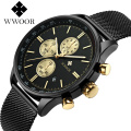 WWOOR 8862 Stylish Waterproof Multi-function Sports Quartz Watch Men Stainless Steel Band Three Eyes Watch Chronograph